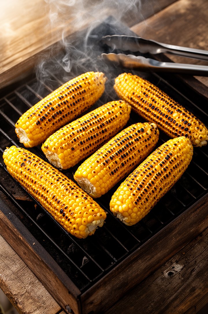 Overhead editorial food photography of six ears of corn on a hot grill grate, kernels golden with scattered black char marks, tongs resting nearby, wisps of smoke rising, warm natural side light, aged