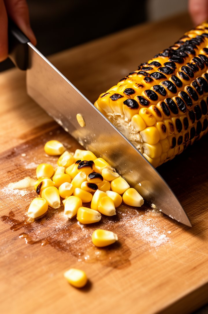 Close-up 45-degree angle of corn kernels being cut off a charred cob onto a wooden cutting board, knife mid-slice, golden and blackened kernels scattering, milky corn starch visible on the board, warm