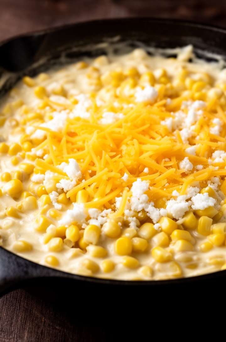 Macro close-up of the creamy street corn dip mixture in a dark cast iron skillet before broiling, corn kernels suspended in creamy white-gold sauce, shredded cheddar and crumbled cotija visible on the