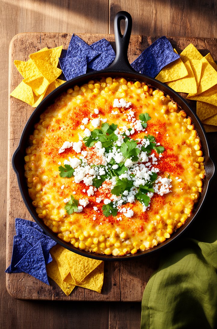 Overhead shot of the finished broiled street corn dip in a cast iron skillet on an aged wooden board, golden-brown blistered cheese top with visible corn kernels, scattered crumbled white cotija, brig