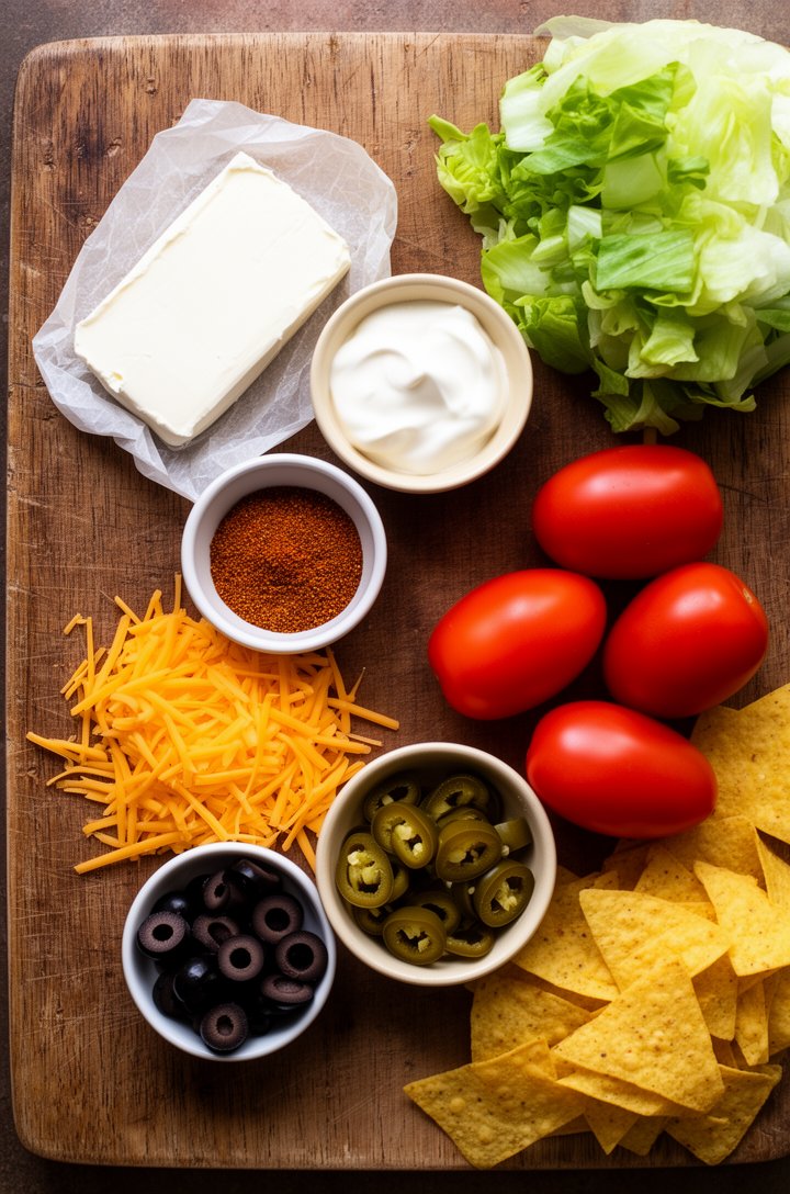Overhead flat-lay on an aged wooden cutting board showing ingredients laid out for taco dip — an unwrapped block of cream cheese on parchment, a small butter-cream ceramic bowl of sour cream, a rameki
