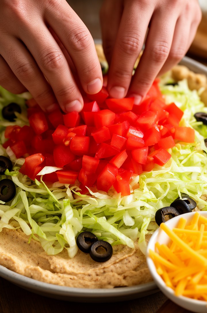 Extreme close-up macro shot of hands layering diced bright red Roma tomatoes over a bed of finely shredded crisp lettuce on top of the creamy tan taco seasoned base in a round pie dish, some sliced bl