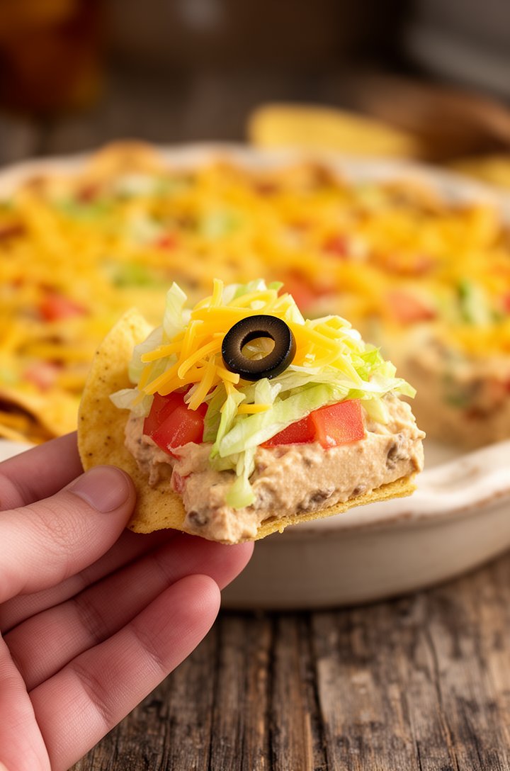 Close-up 45-degree angle of a hand holding a tortilla chip loaded with a generous scoop of layered taco dip — visible cross-section showing the creamy tan base layer, shredded lettuce, diced tomato, a