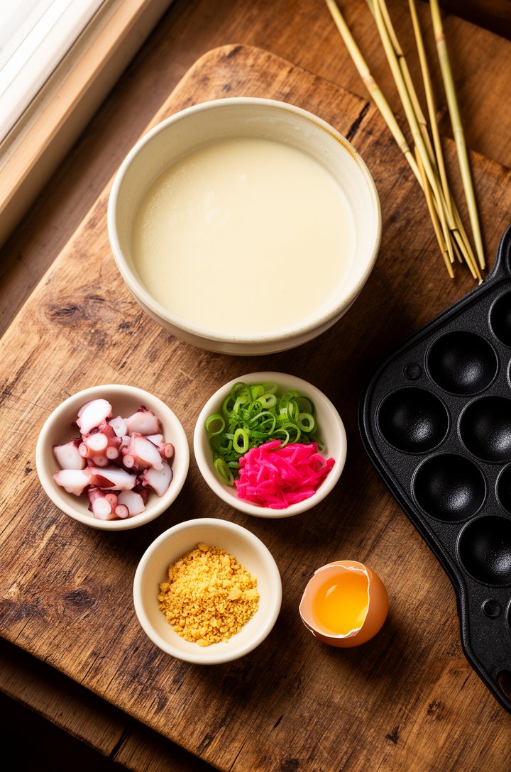 Overhead flat-lay mise en place on an aged wooden board — a bowl of thin pale takoyaki batter, small butter-cream ceramic bowls of chopped boiled octopus pieces, sliced green onions, bright pink pickl