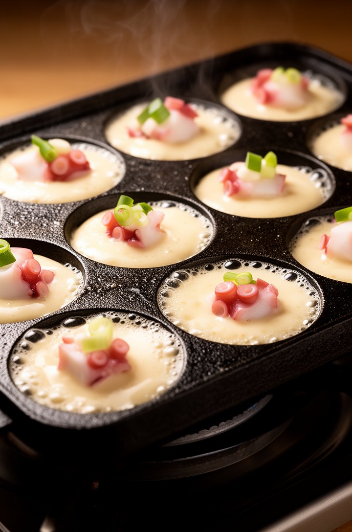 Close-up 30-degree angle of a cast-iron takoyaki pan on a burner, wells filled with pale batter, small pieces of pink octopus and green onion visible poking out of each well, batter slightly overflowi