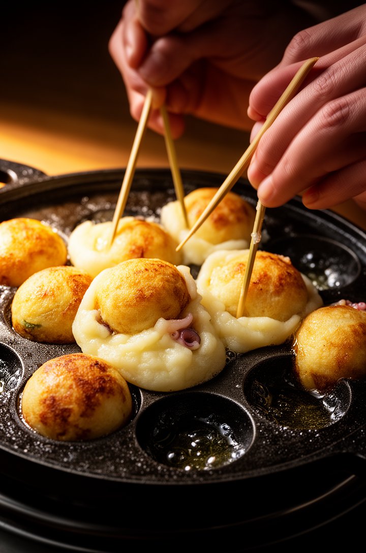 Action shot close-up of hands using a bamboo skewer to flip golden-brown takoyaki balls in a cast-iron pan, some balls half-turned showing the contrast between the crispy golden cooked side and the st