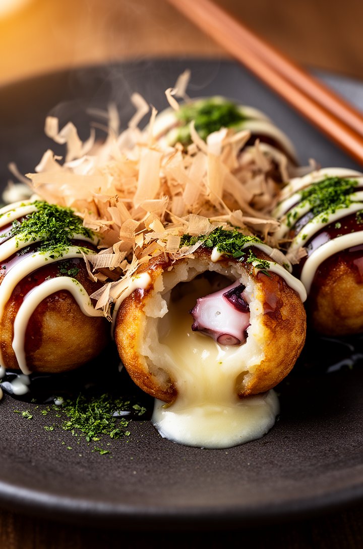 Extreme close-up beauty shot of finished takoyaki on a dark matte ceramic plate, three golden-brown balls in sharp focus with glossy dark takoyaki sauce and white mayo zigzag drizzle, wispy translucen