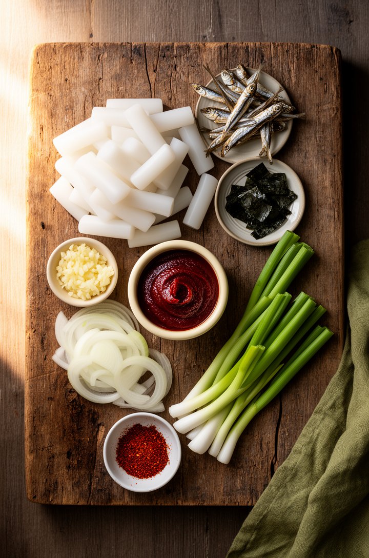 Overhead flat-lay mise en place on an aged wooden board — a pile of white cylindrical Korean rice cakes, a small butter-cream ceramic bowl of dark red gochujang paste, dried anchovies and kelp squares