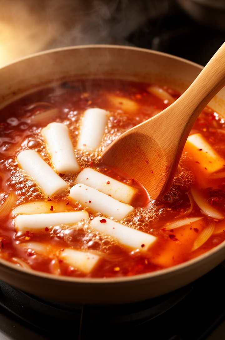 Close-up 30-degree angle of a shallow pot on the stove with deep red-orange sauce at a rolling boil, white cylindrical rice cakes and fish cake pieces just added and being stirred with a wooden spatul