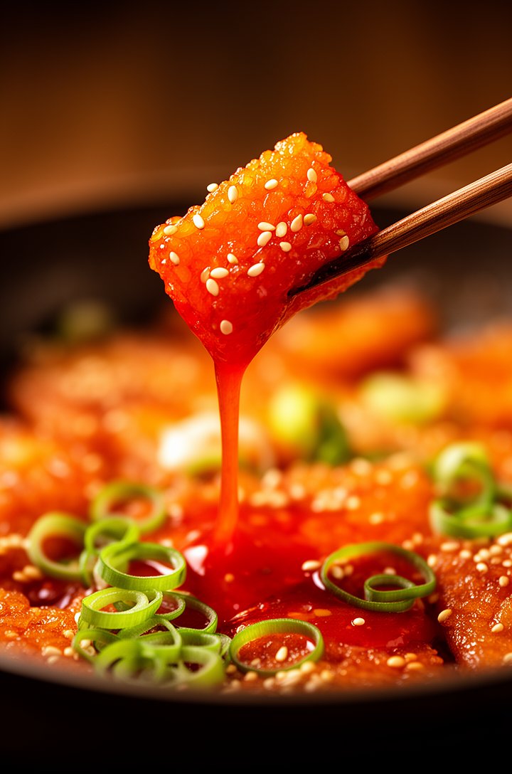 Extreme close-up macro of a single chopstick lifting a glossy red-orange coated rice cake piece from the pan, sauce stretching and dripping back down in a thick ribbon, visible sesame seeds clinging t