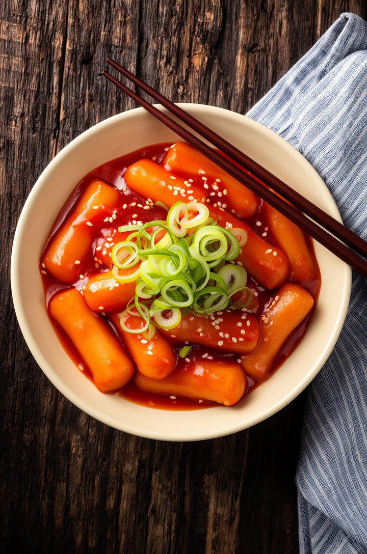 Overhead beauty shot of finished tteokbokki served in a cream-white ceramic bowl on a dark aged wooden surface, cylindrical rice cakes and fish cake pieces coated in thick glossy red-orange gochujang 