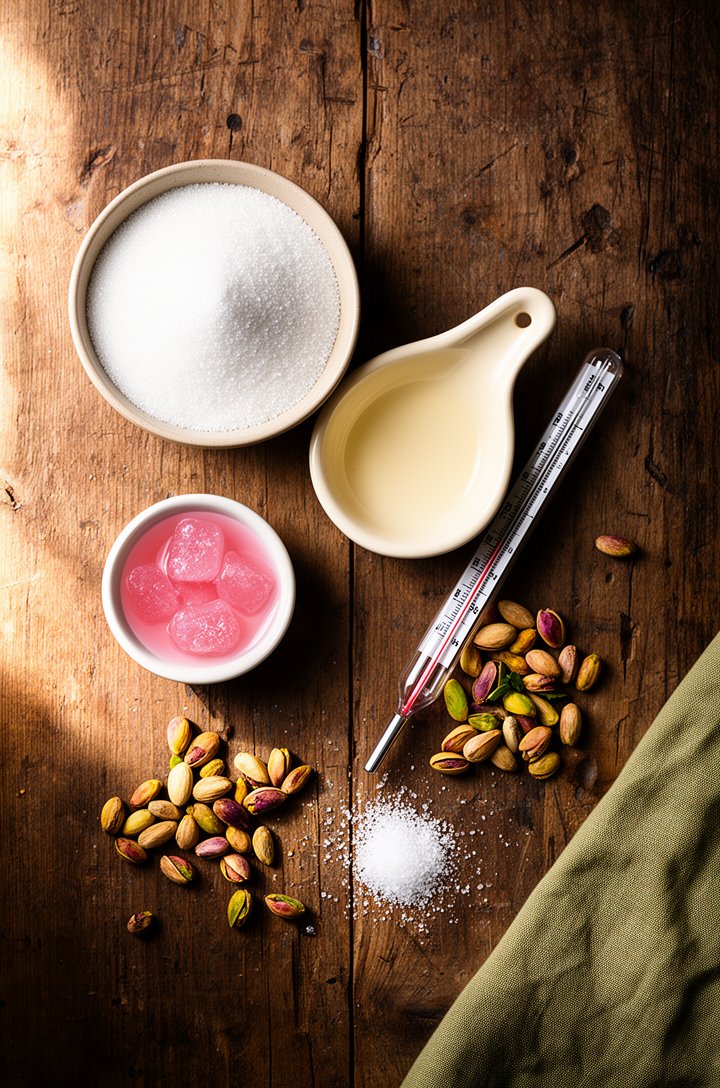 Overhead flat-lay on an aged wooden board showing mise en place for Turkish delight — a bowl of white granulated sugar, a small butter-cream ceramic ramekin of cornstarch, a tiny dish of pink rosewate