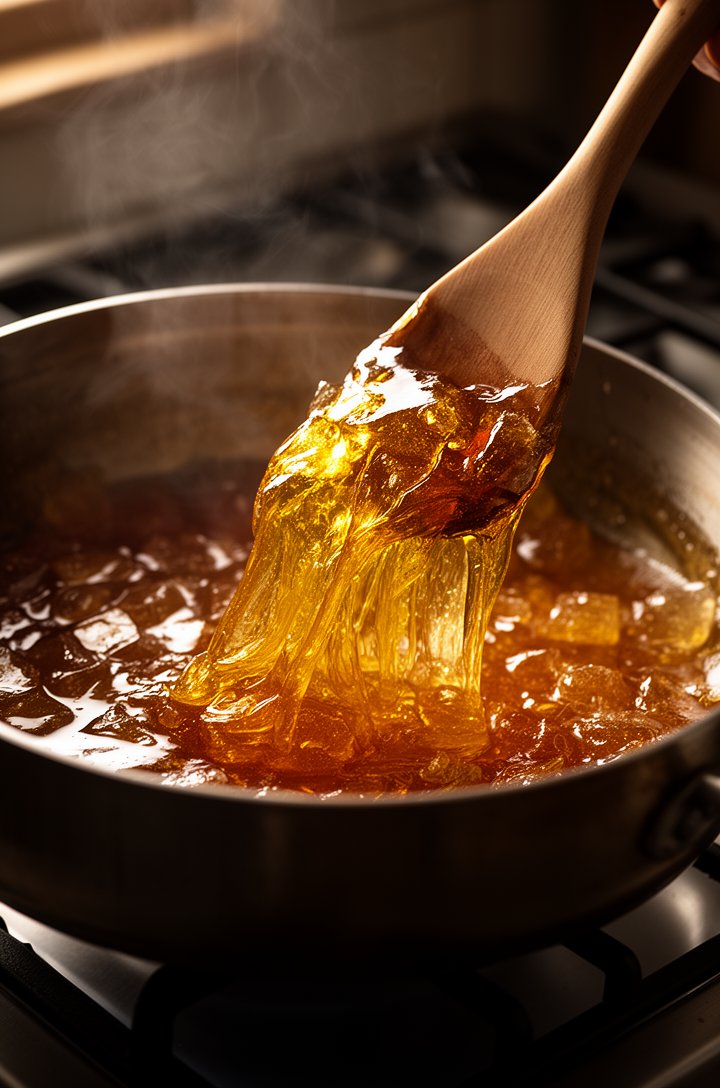 Close-up 45-degree angle of a heavy saucepan on a stovetop showing translucent amber-gold Turkish delight mixture being stirred with a wooden spoon, mixture pulling away from the sides of the pan in t