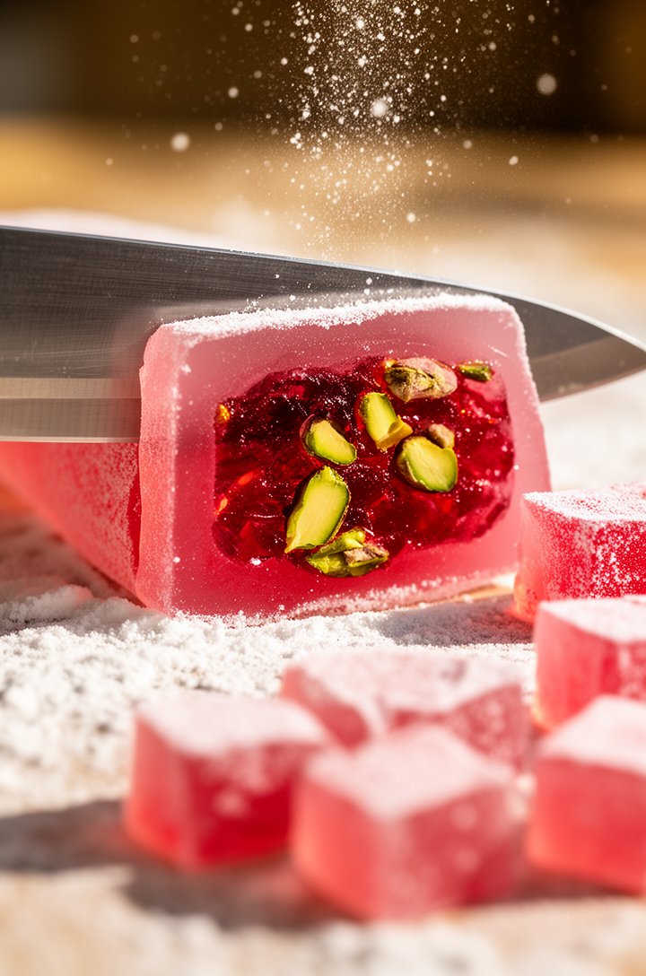 Macro close-up of Turkish delight being cut on a cornstarch-dusted surface, sharp knife mid-slice through the pink translucent slab revealing the jewel-like ruby-red interior with visible chopped pist