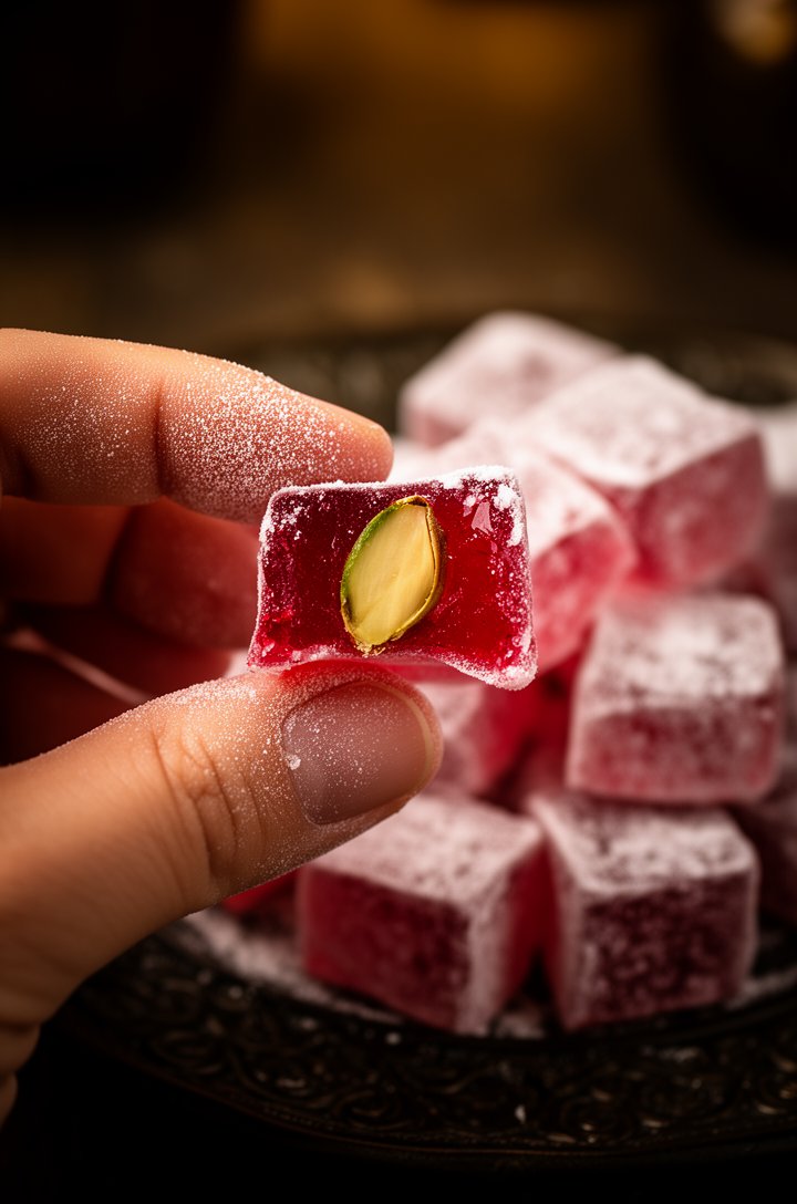 Warm close-up of a hand holding a single cube of Turkish delight with a bite taken out, revealing the translucent ruby-red interior and a pistachio cross-section, powdered sugar clinging to fingertips