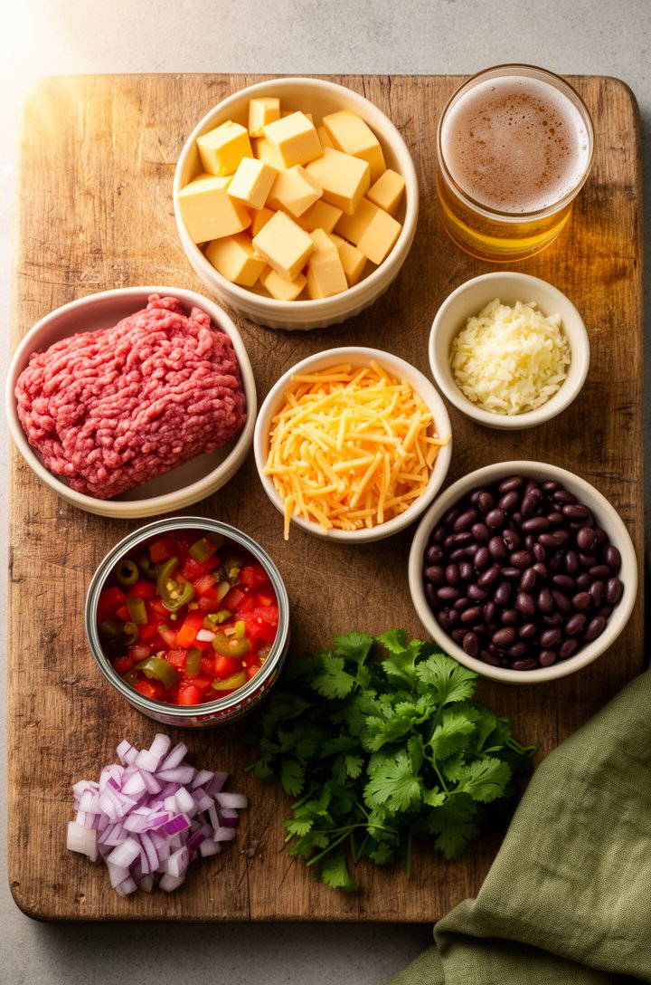Overhead flat-lay on an aged wooden cutting board of all the queso ingredients arranged in small butter-cream ceramic bowls — cubed golden Velveeta, raw ground beef, a bowl of shredded pepper jack, an