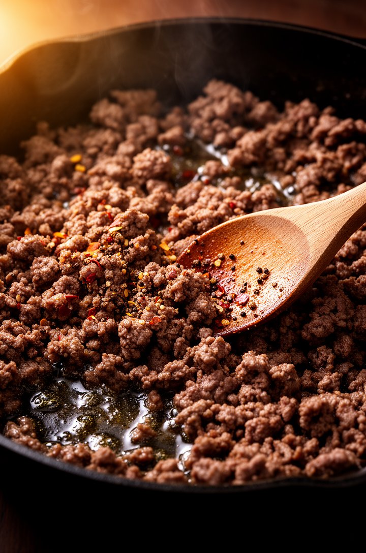 Close-up 30-degree angle of ground beef browning and crumbling in a dark cast-iron skillet, small pieces of meat deeply browned with crispy edges, rendered fat glistening, a wooden spoon breaking apar