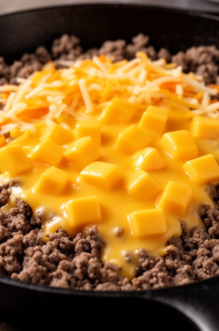 Extreme close-up macro of cubed Velveeta cheese melting into ground beef in a cast-iron skillet, half-melted golden-orange cubes stretching and pooling into a glossy sauce, shredded pepper jack visibl