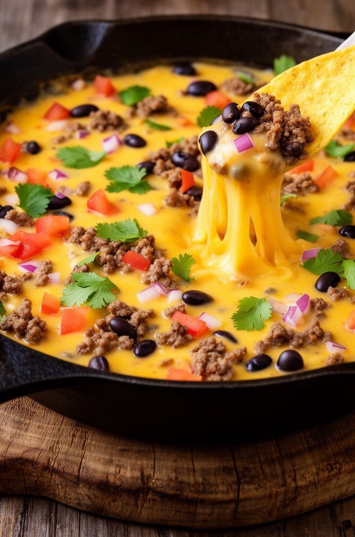 Close-up overhead shot of the finished Velveeta queso dip in a dark cast-iron skillet, creamy golden-orange sauce loaded with crumbled ground beef, black beans, diced tomatoes, bits of red onion, and 