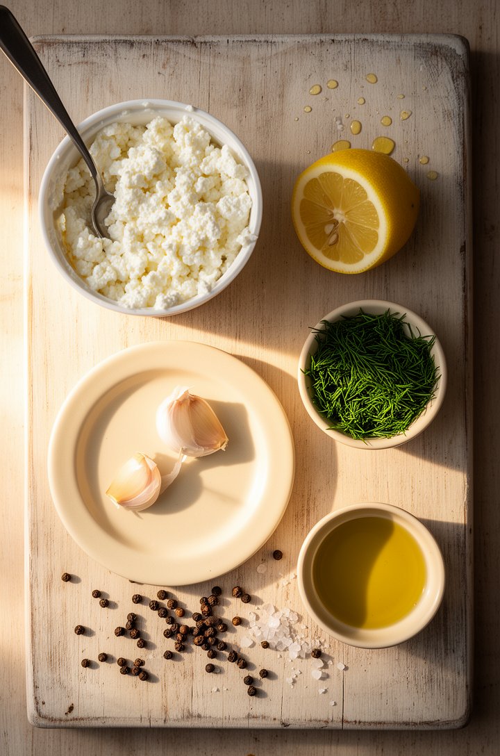 Overhead flat-lay mise en place on an aged light wooden board — a tub of whole milk cottage cheese opened with a spoon resting on the rim, two smashed garlic cloves on a small butter-cream ceramic pla