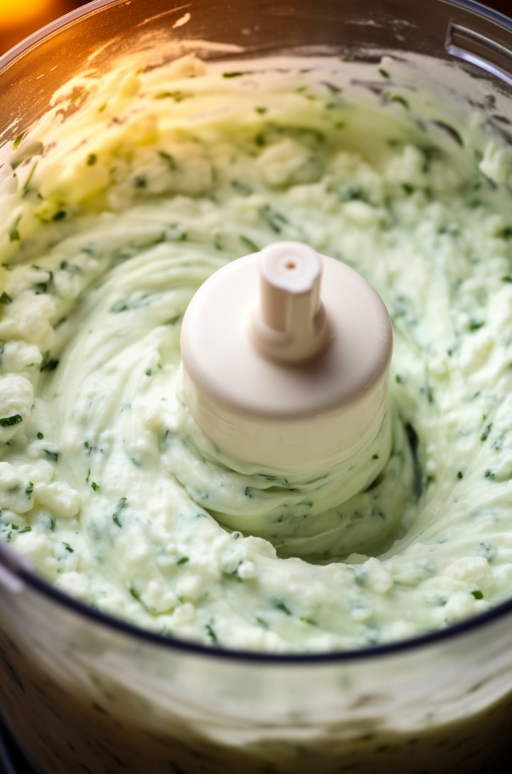 Close-up 30-degree angle of a food processor bowl mid-blend, cottage cheese dip transitioning from lumpy curds to smooth and creamy, visible swirl pattern from the blade, green herb flecks throughout,