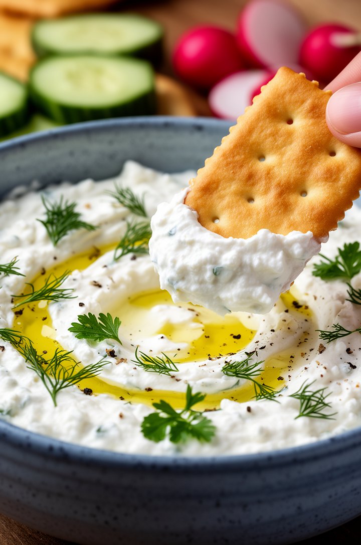 Extreme close-up macro of a butter cracker being dipped into the whipped cottage cheese dip, the dip clinging thickly to the cracker edge, surface of the dip showing fresh dill fronds and parsley scat