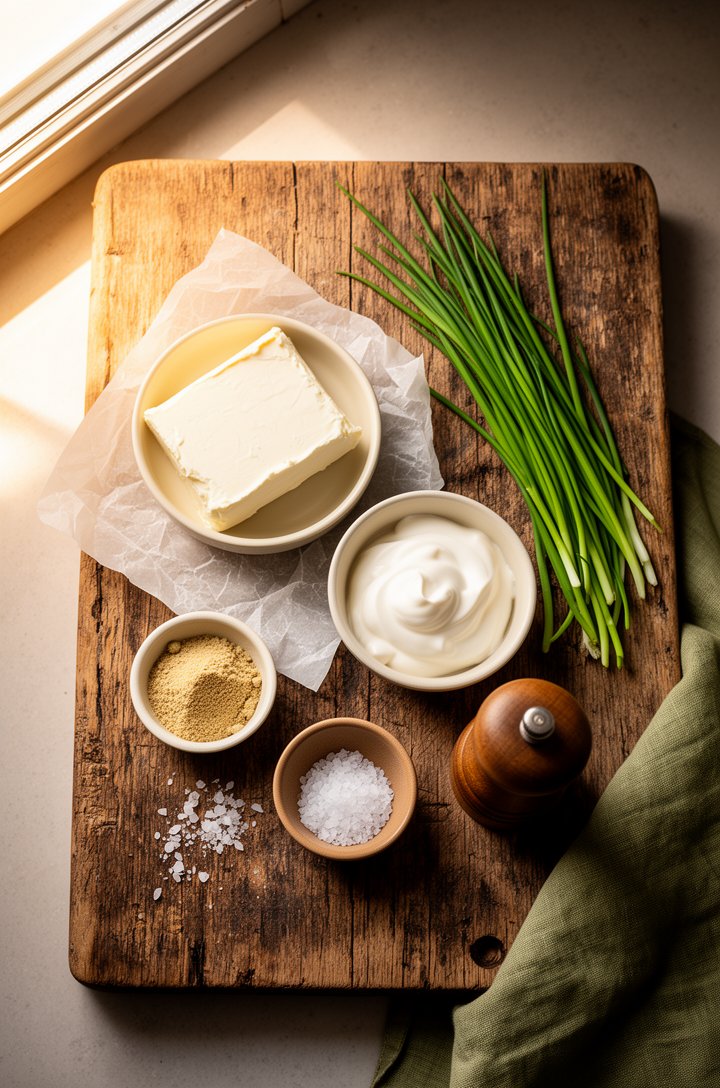 Overhead flat-lay of ingredients for cream cheese dip arranged on an aged wooden board — an unwrapped block of cream cheese on parchment, a small butter-cream ceramic bowl of sour cream, tiny pinch bo