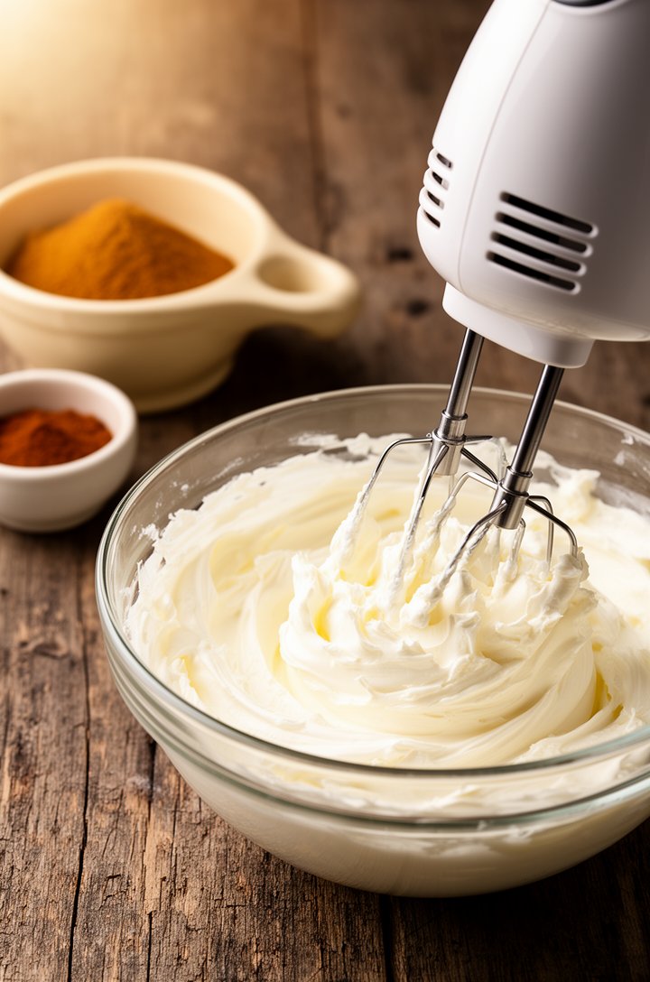 Close-up 30-degree angle of a hand mixer beating cream cheese in a glass mixing bowl, the cream cheese visibly fluffy and light with whip marks, soft peaks forming on the beaters, warm afternoon side 
