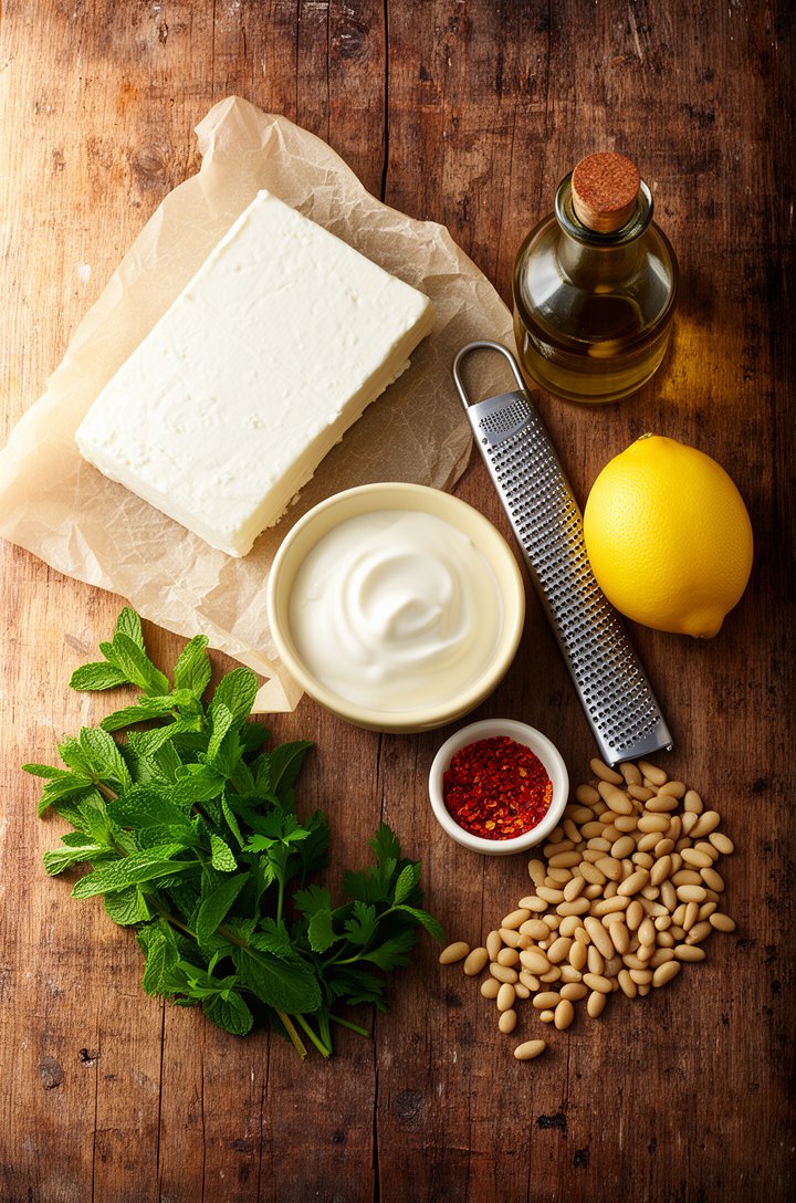 Overhead flat-lay on an aged wooden board of whipped feta dip ingredients arranged in mise en place — a drained block of white feta on parchment, a small butter-cream ceramic bowl of full-fat Greek yo