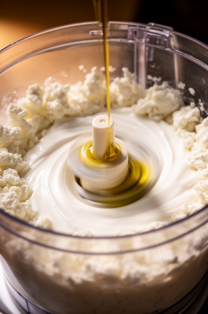 Close-up 30-degree angle of a food processor bowl mid-blend, whipped feta transitioning from chunky crumbles at the edges to smooth glossy white cream in the center, a thin stream of golden olive oil 