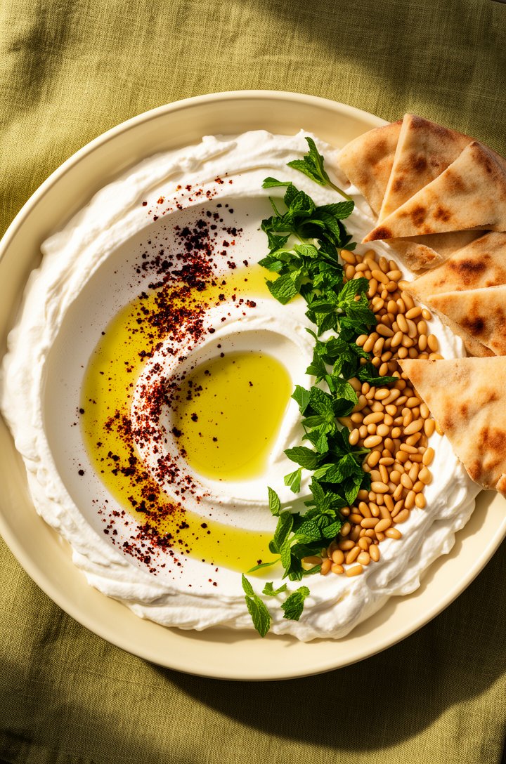 Overhead beauty shot of the finished whipped feta dip on a butter-cream ceramic plate set on a muted olive linen napkin, smooth billowy white surface with a swooped well pooled with golden-green olive